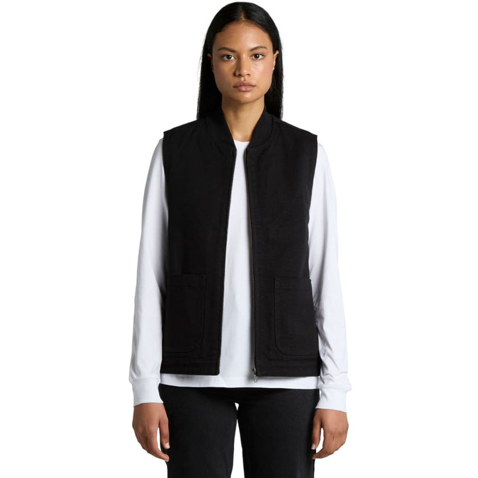 A black heavy vest with a zip front, featuring two front pockets, modelled by a person.