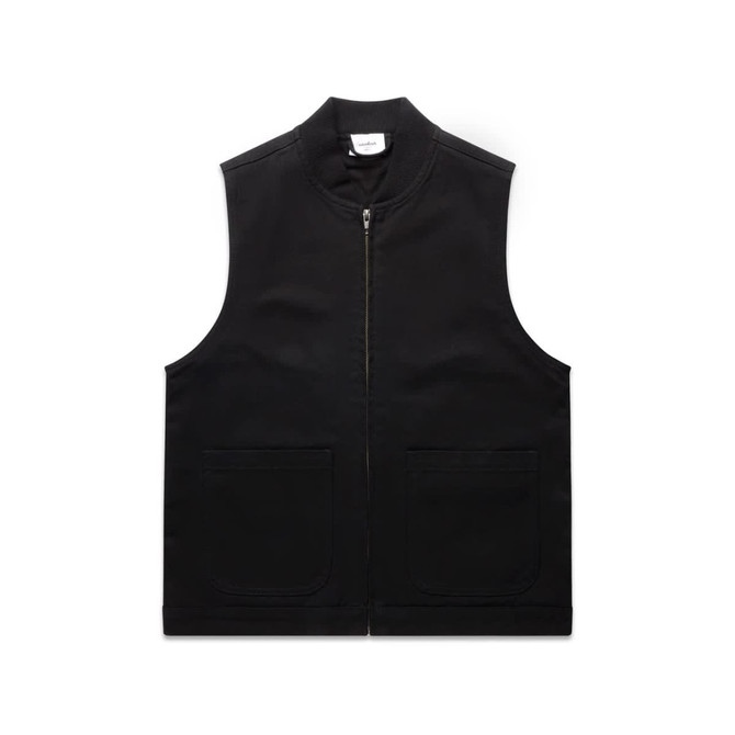 A black heavy vest with a zip front and two front pockets. Features a logo on the upper back.