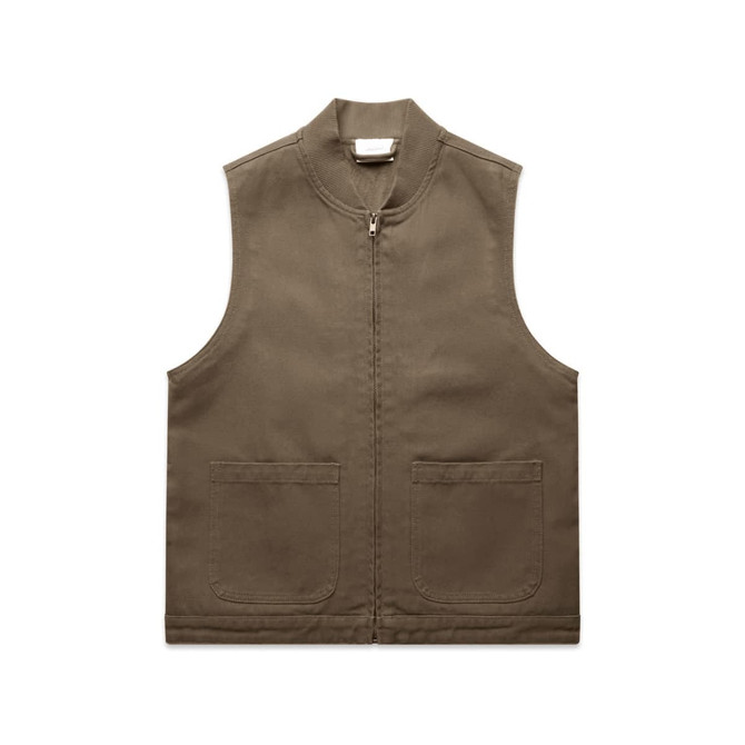 A brown canvas heavy vest with a zipped front and two front pockets, featuring a logo.
