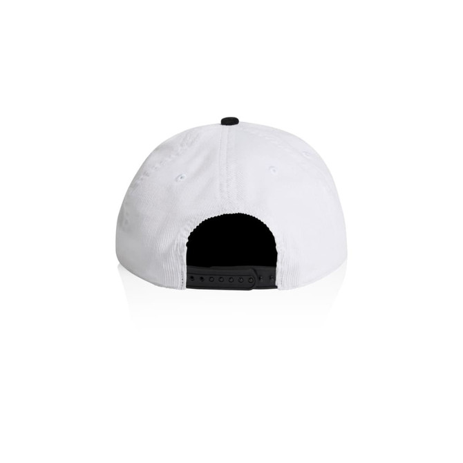 A two-tone cap featuring a white body and a black visor, with a logo on the back panel.