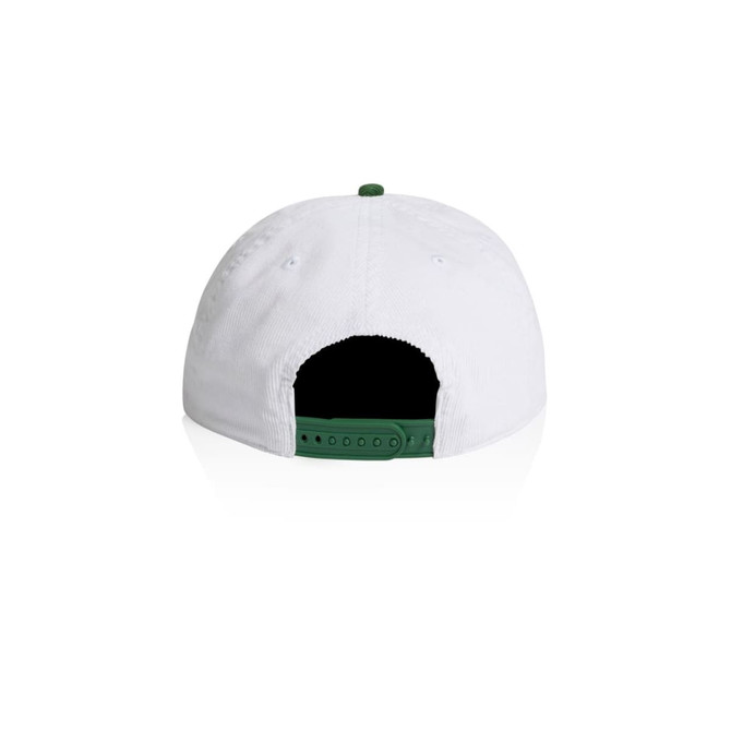 A two-tone cap featuring a white body and a green peak, with an adjustable strap at the back and a logo.