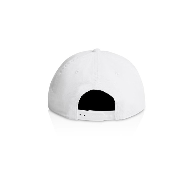 A white cap featuring a back strap and ventilation holes, with a small logo on the side.