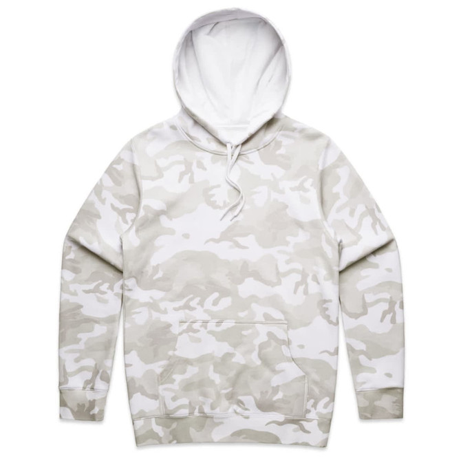 A white and grey camo hoodie featuring a front pocket and a drawstring hood, with a logo on it.