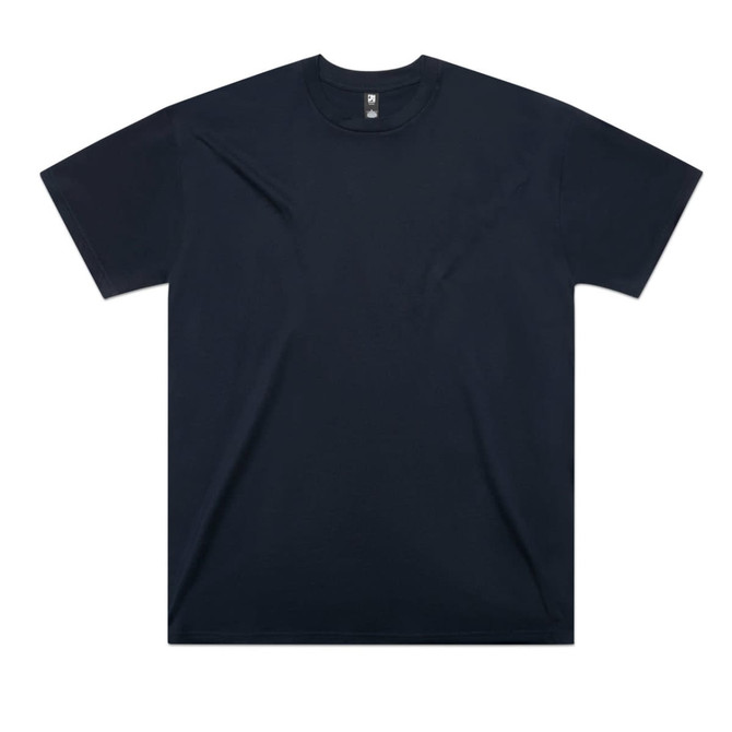 A classic oversized tee in black, featuring a round neckline and short sleeves. It has a logo on the tag.