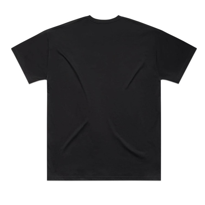A black oversized tee featuring a simple design and a rear view. It includes a logo on the side.