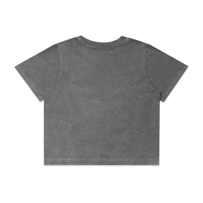 A grey stone wash heavy crop tee with a simple back design and short sleeves. It features a logo.