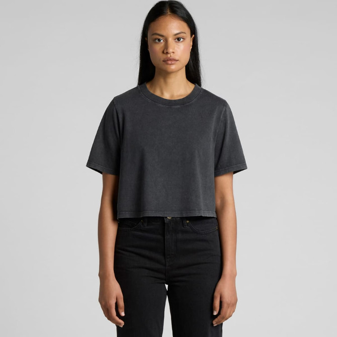A black stone wash heavy crop tee with short sleeves displayed on a model. The product features a logo.