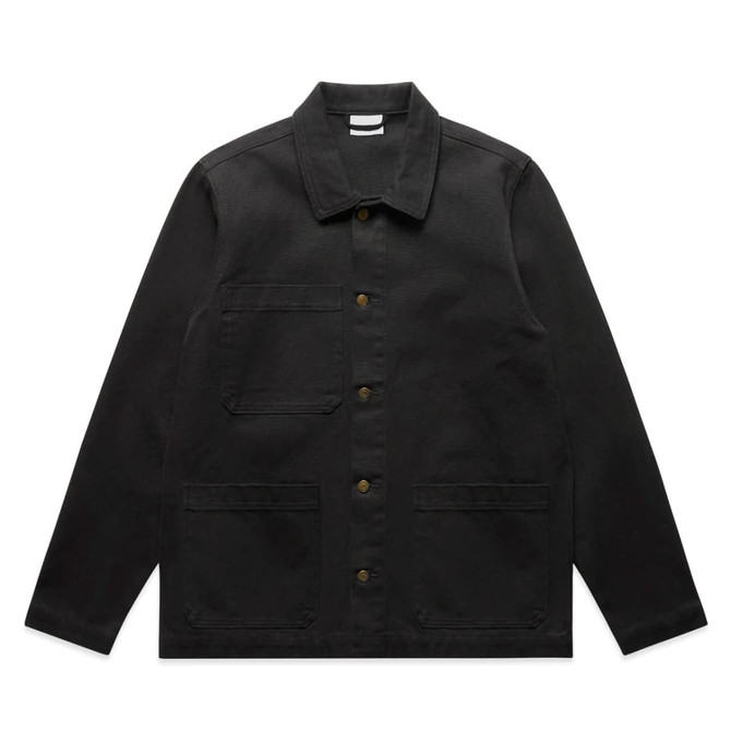 A black Canvas Chore Jacket featuring a button-up front and multiple pockets, along with a branded label.