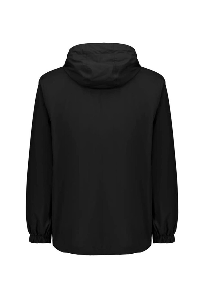 A black unisex super light packable rain jacket with a hood and elastic cuffs. It features a logo on the back.