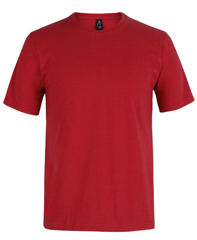 A red T-shirt with a round neck and short sleeves, featuring a logo on the label.