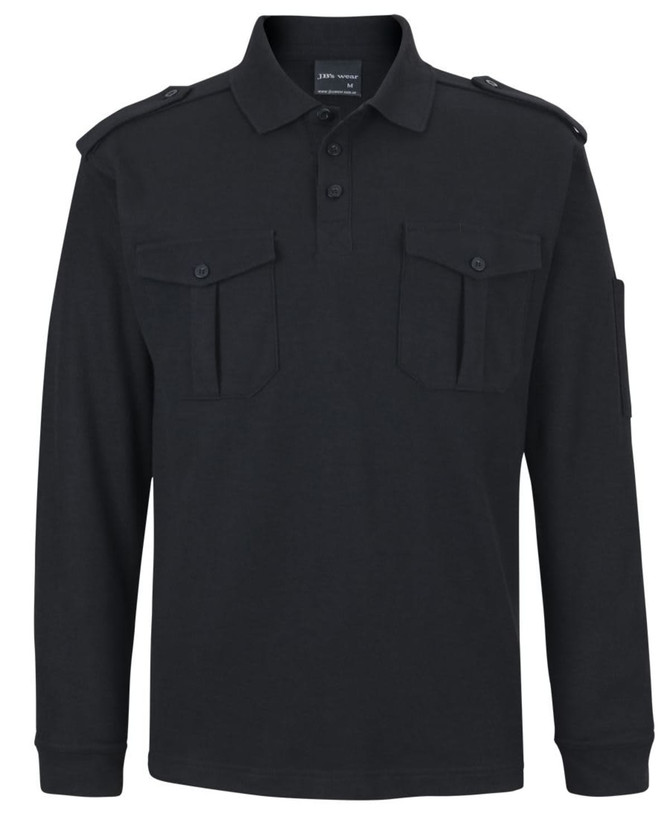 A black long-sleeve polo shirt featuring epaulettes and pockets, with a simple logo on the design.