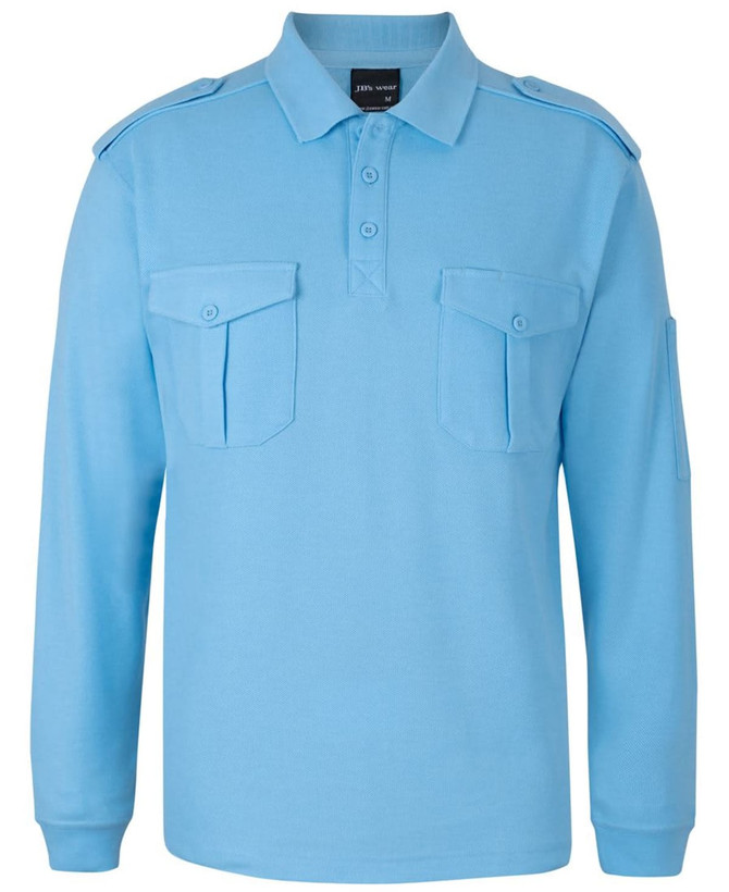 A light blue long-sleeve polo shirt with epaulettes and front pockets, featuring a logo on the label.