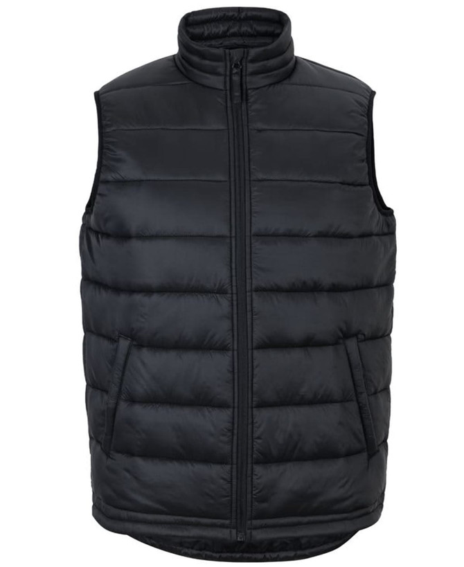 A black puffer vest with a high collar and zip front, featuring zippered side pockets and a logo.