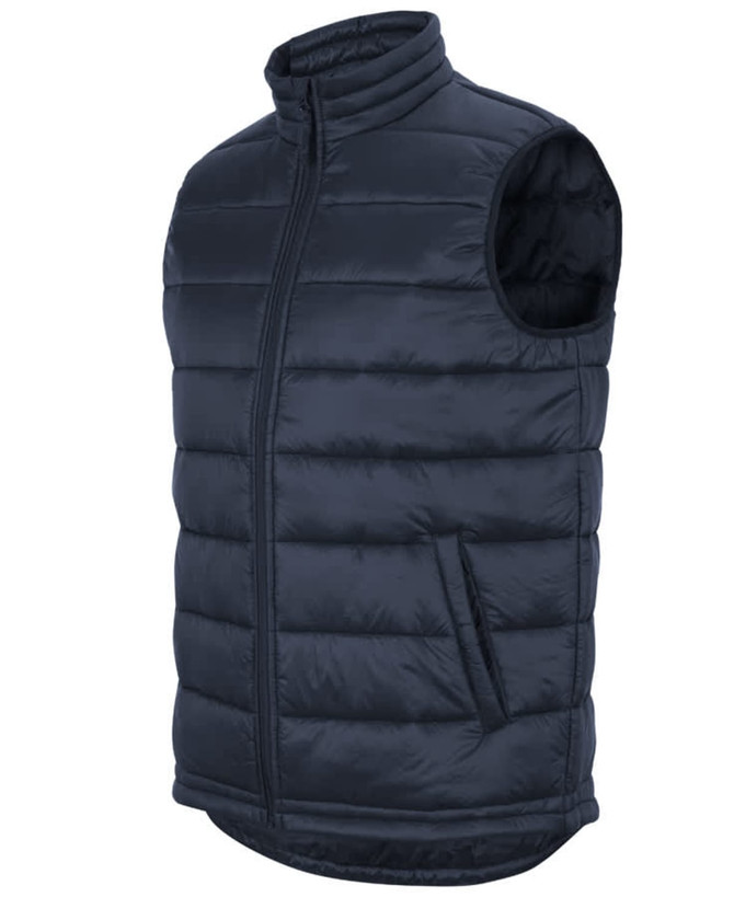 A navy puffer vest with a high collar, zip front, and side pockets. It features a logo on the front.