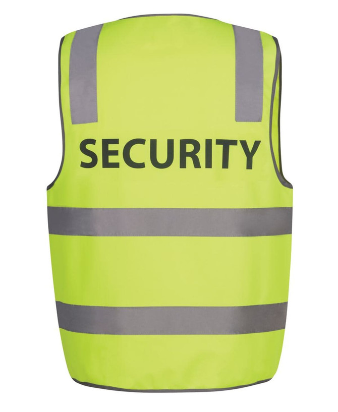 A safety vest in lime green with reflective stripes and a branding logo, labelled 'SECURITY' on the back.