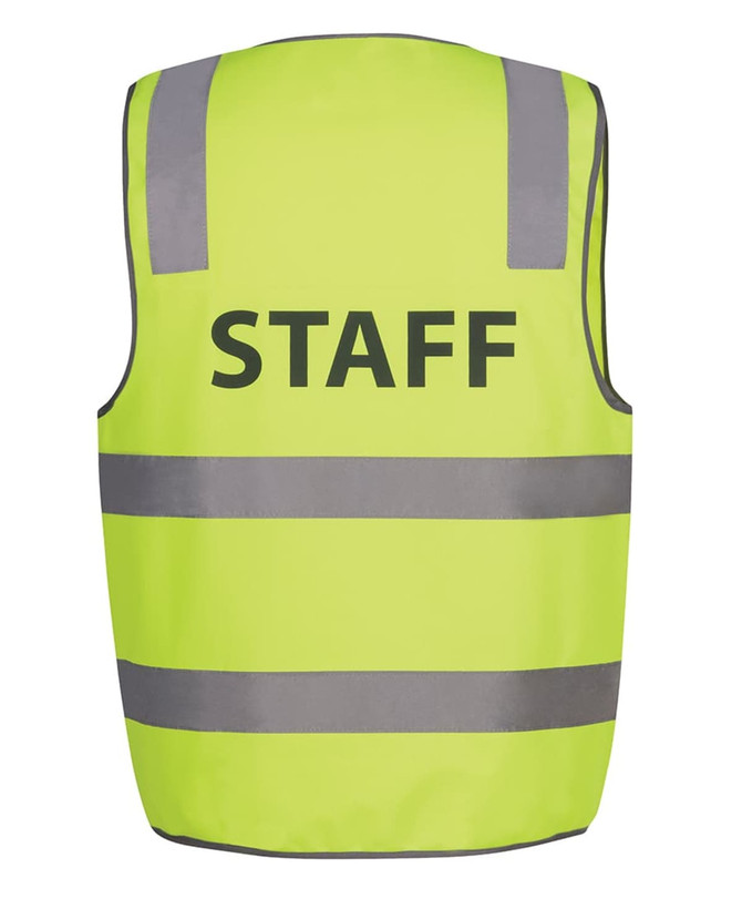 A safety vest in bright lime green with reflective stripes and a logo, labelled “STAFF.”