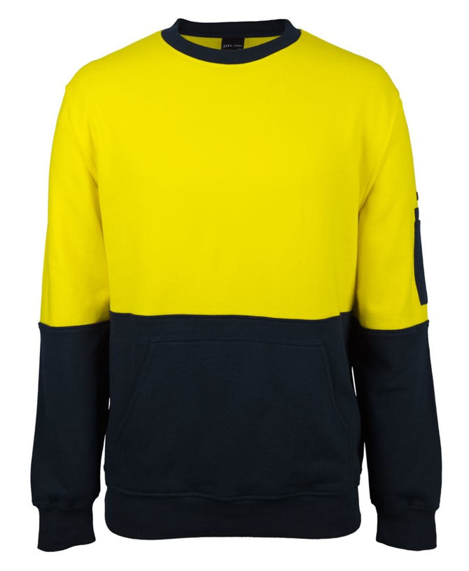A yellow and navy crew neck fleece jumper with a front pocket and a sleeve pocket, featuring a logo.