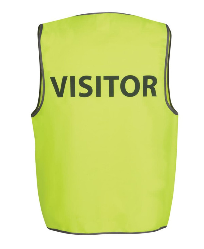 A bright yellow safety vest featuring the word "VISITOR" prominently displayed. It has reflective accents and no visible logos.