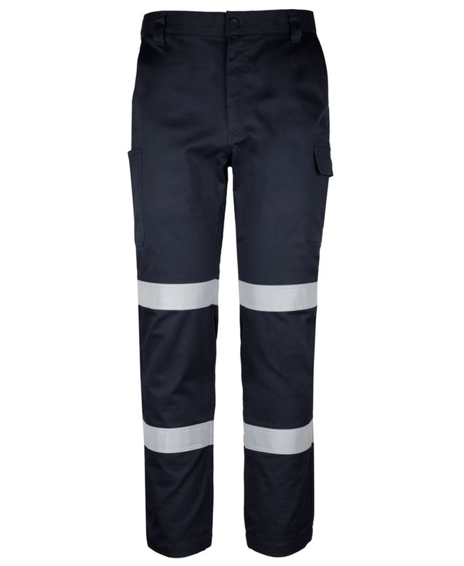 A pair of navy cargo pants featuring reflective D+N tape, with multiple pockets and a logo.