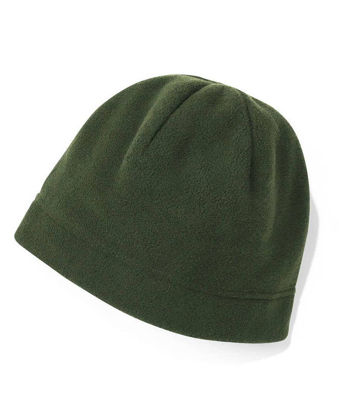 A green polar fleece beanie with a snug fit and a simple design, featuring a logo on the side.