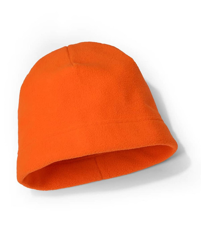 An orange polar beanie made from fleece material, featuring a branding logo.