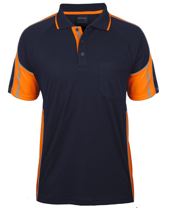 A navy and orange polo shirt featuring a chest pocket and contrast detailing. Includes a logo on the sleeve.