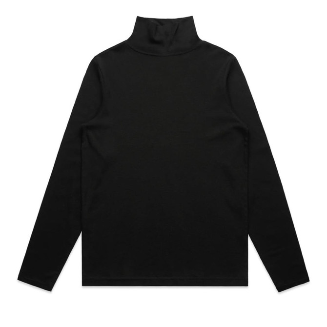A black turtleneck jumper with long sleeves, featuring a high neck and a plain design. 