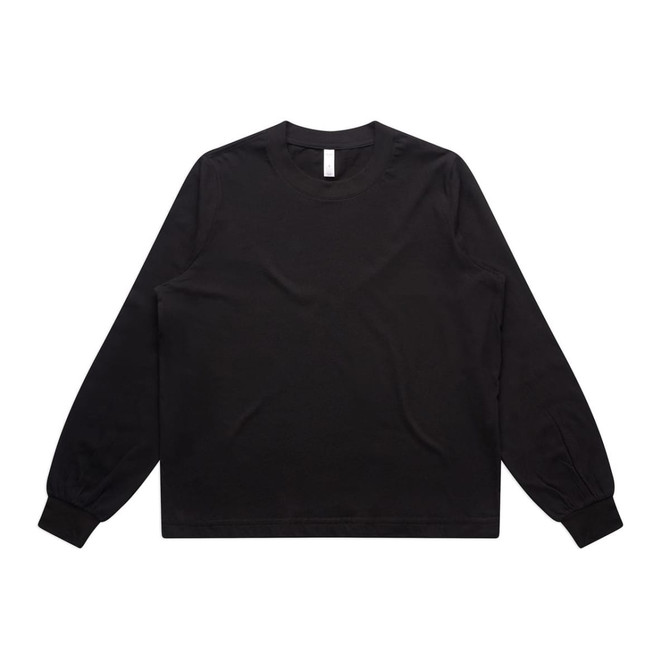 A black long-sleeve T-shirt with a round neck and elasticised cuffs, featuring a logo.