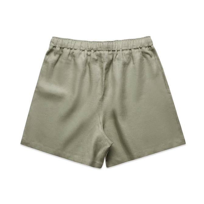 Linen shorts in a soft green hue with an elastic waistband, featuring a simple, smooth design.