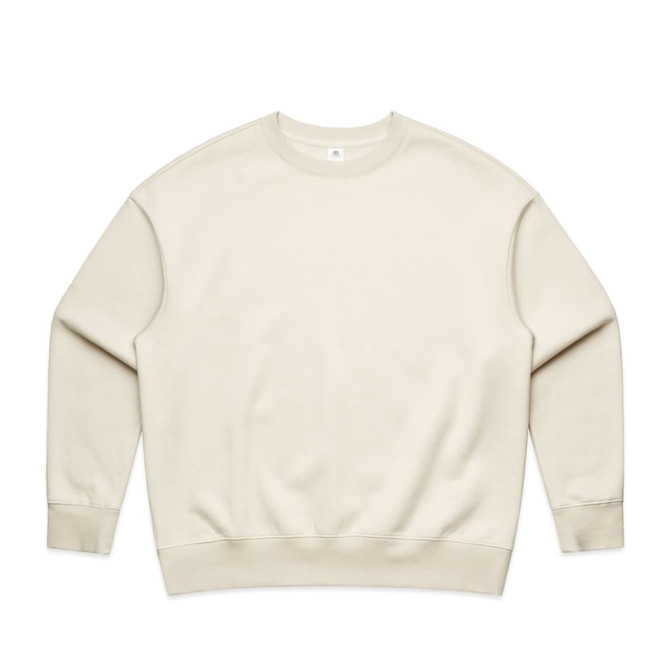 A beige crew jumper with a simple design and a logo on the label. The fabric appears soft and comfortable.