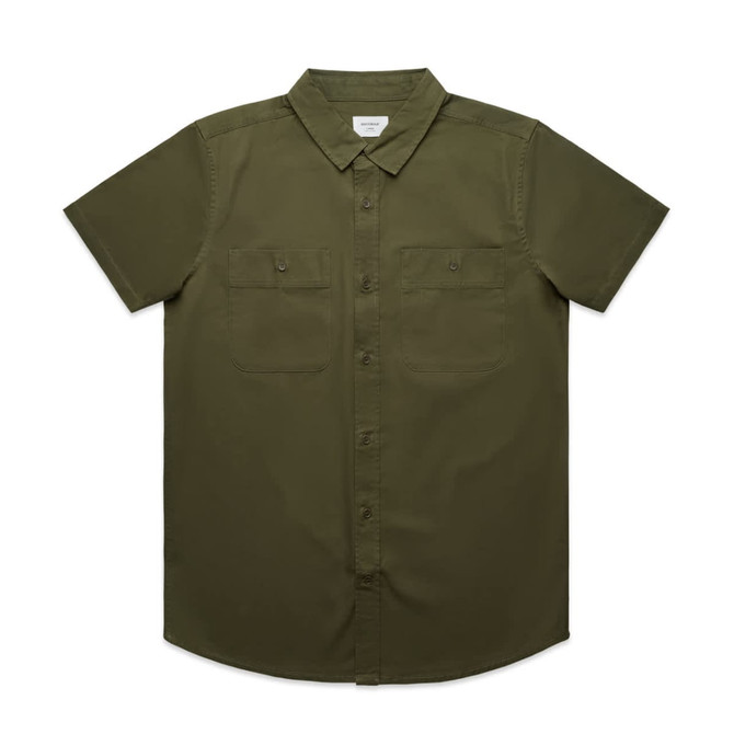 An olive green short-sleeve shirt featuring two chest pockets and a collar, with a logo on the tag.