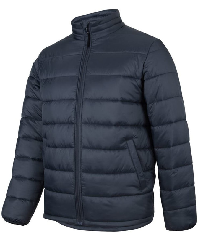 A navy puffer jacket with a zip front and long sleeves, featuring vertical quilted detailing and a logo.