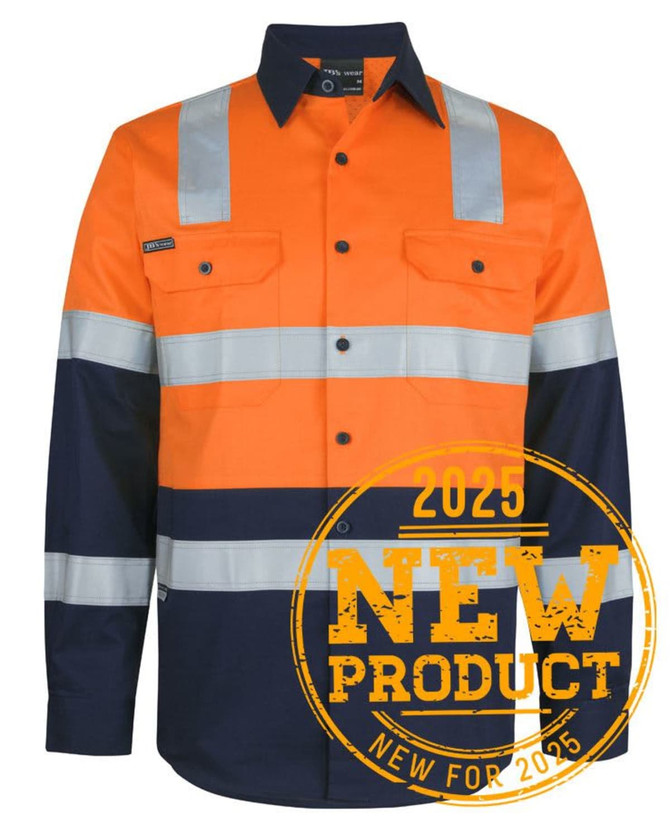 Long-sleeved safety shirt in orange and navy, featuring reflective stripes and a logo on the chest.