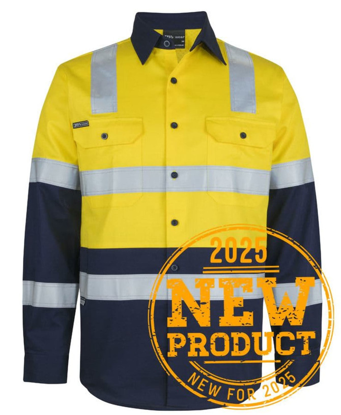 High-visibility long-sleeve shirt in yellow and navy, featuring reflective stripes and a logo.