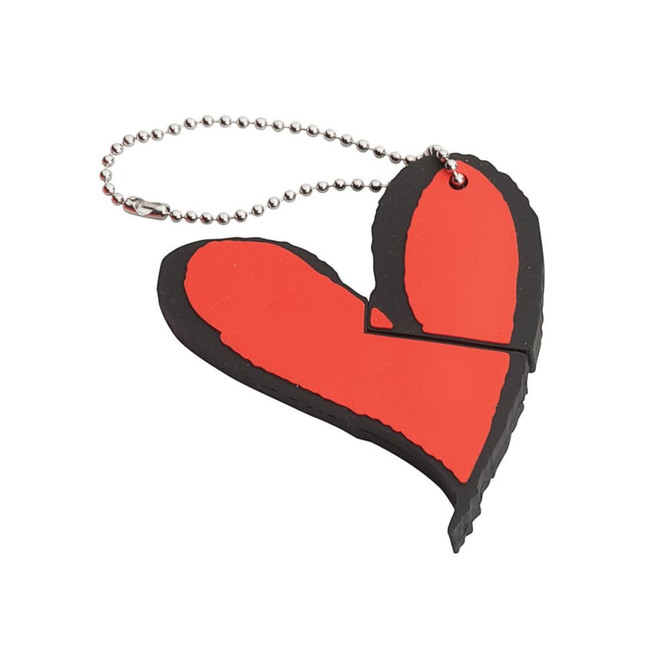A red heart-shaped USB flash drive with a black outline, attached to a silver ball chain.