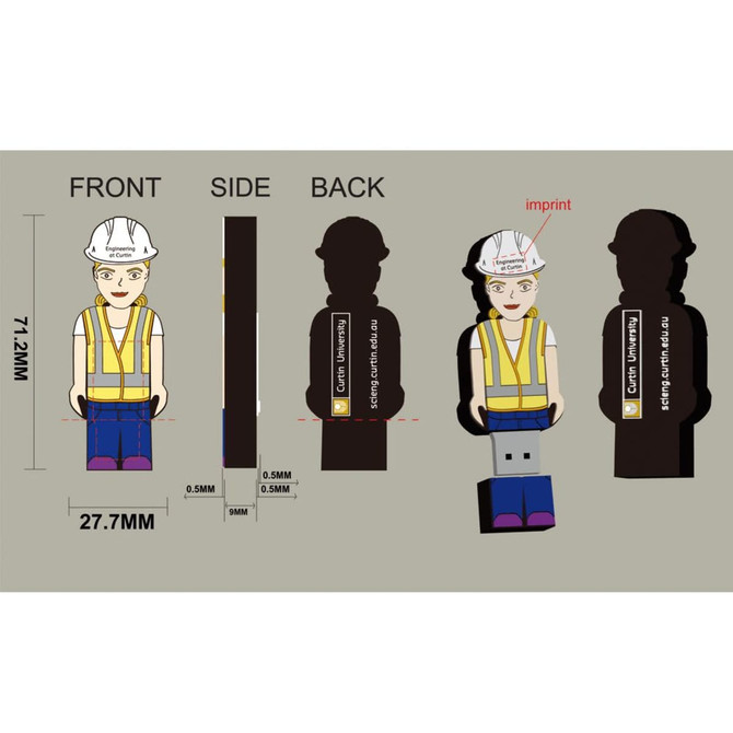 A custom 2D USB flash drive in the shape of a cartoon character wearing a hard hat and safety vest.