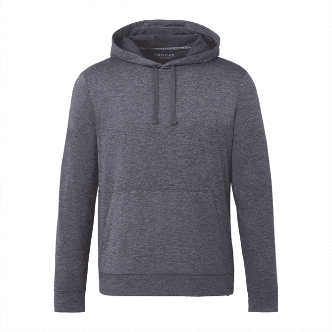 A grey men's hoodie with a kangaroo pocket and a drawstring hood. It features a subtle logo on the front.