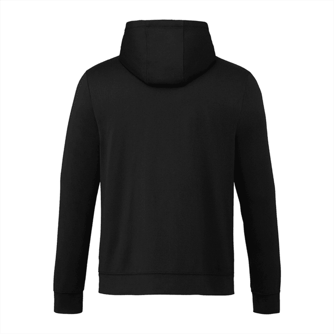 A black eco knit hoody for men, featuring a kangaroo pocket and a hood. It has a logo on the back.