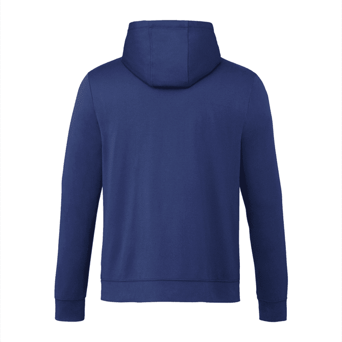 A navy blue men's hoodie featuring a snug hood and long sleeves, with a logo on the back.