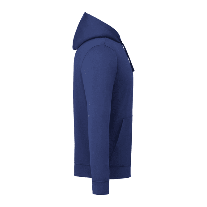 A navy blue men's hoody with a front pocket and a hood, featuring a logo on the side.