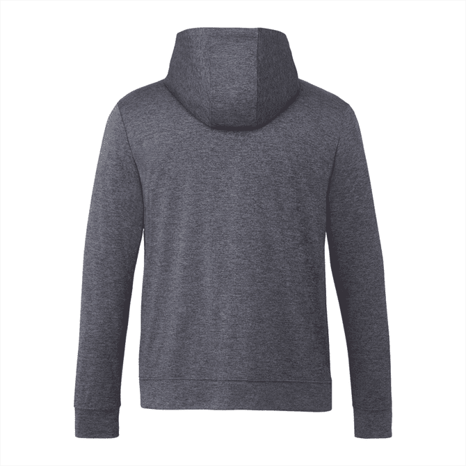 A grey men's hoody featuring a kangaroo pocket and a hood, displaying a logo on the back.