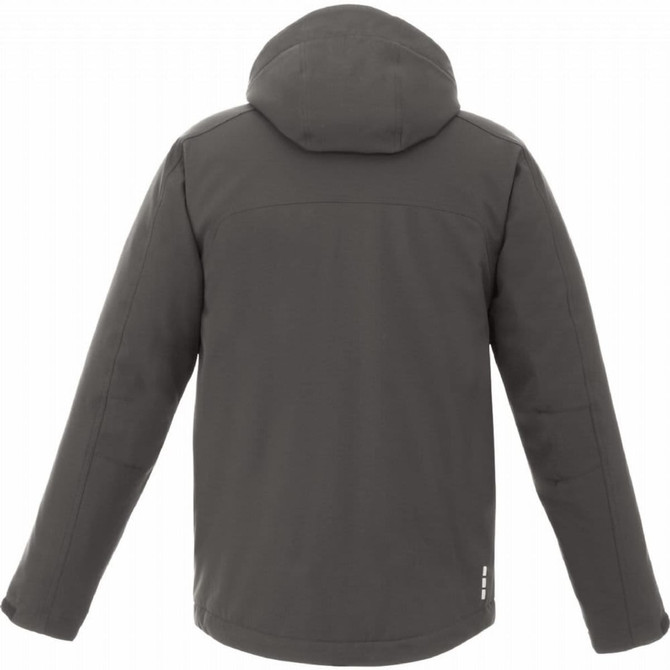 A dark grey insulated softshell jacket for men, featuring a hood and a branded logo.