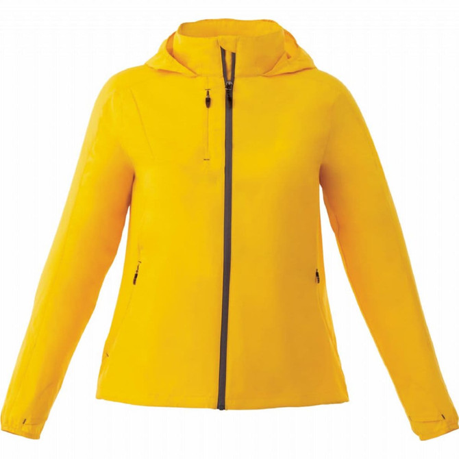 A lightweight women's jacket in bright yellow featuring a hood and zippered front pockets, along with a logo.
