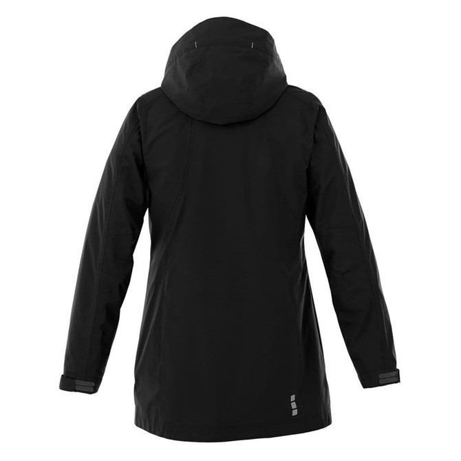 A black women's rain jacket featuring a hood and a logo on the back.