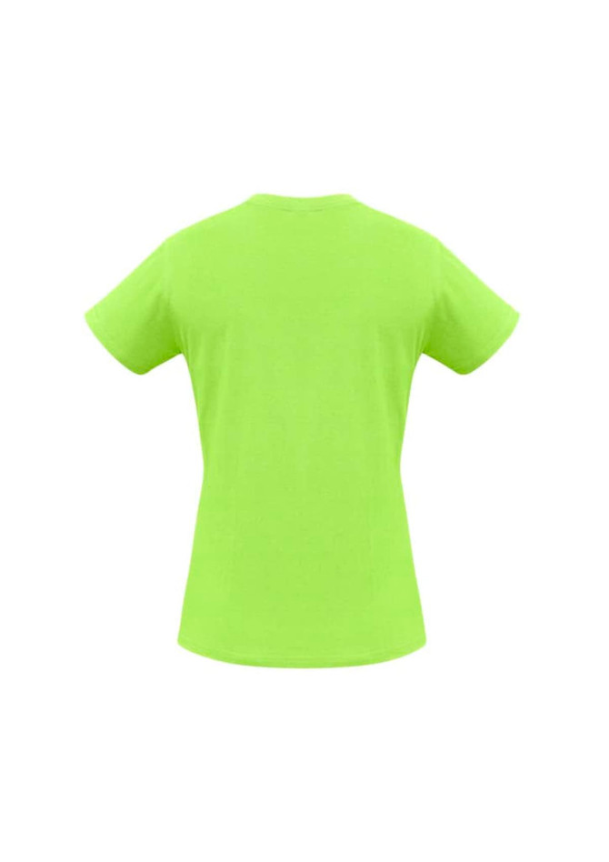 A vibrant green women's short sleeve tee with a classic fit and a logo on the back.