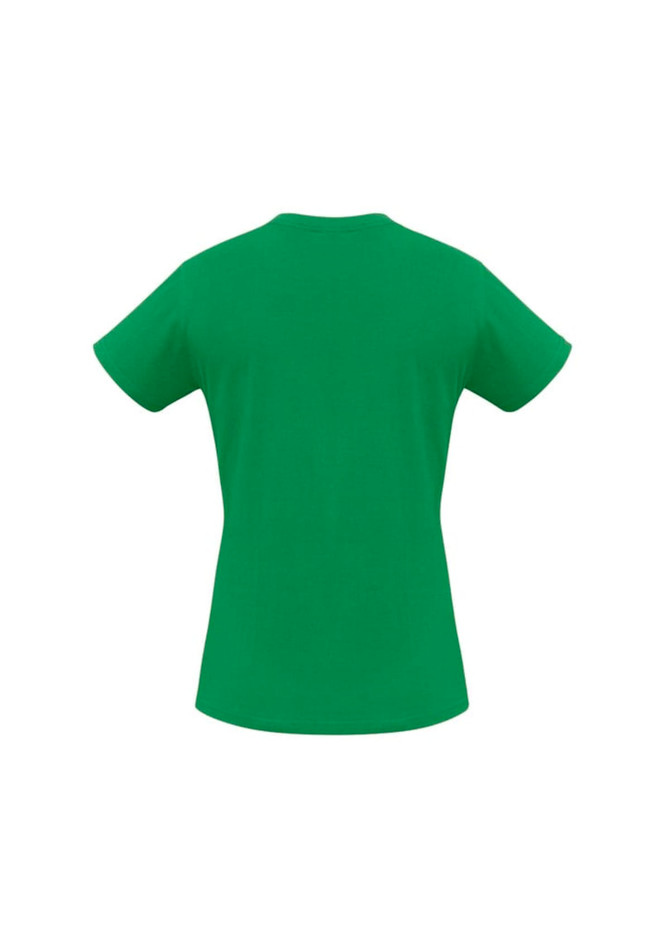 A green short sleeve tee featuring a classic crew-neck design and a logo on the back.