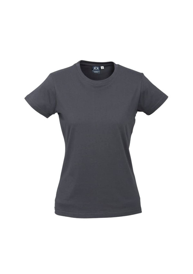 A women's short sleeve tee in dark grey with a fitted design and a logo on the neckline.