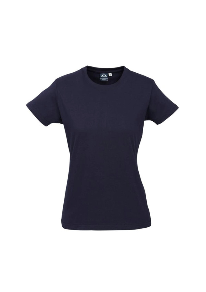 A women's short sleeve tee in navy blue with a fitted design and a logo on the front.