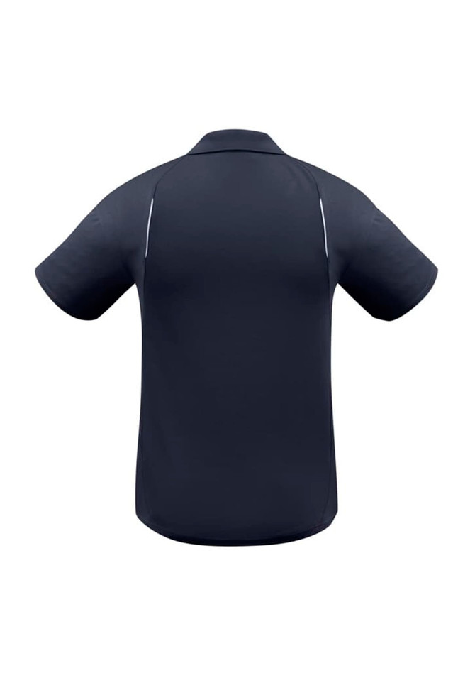 A dark navy short sleeve polo shirt with a subtle logo and contrasting trim details.
