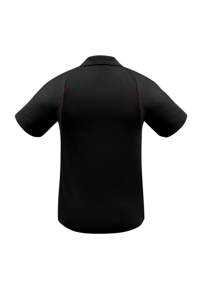 A black short sleeve polo shirt with red accents and a logo on the back.